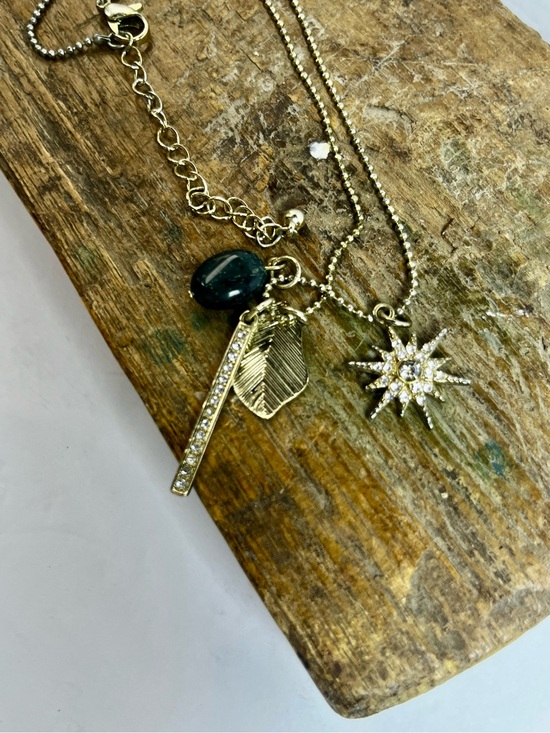 Jewelry - Boho Gold Layered Charm Necklace with Starburst, Leaf, & Crystal Accents - sku96